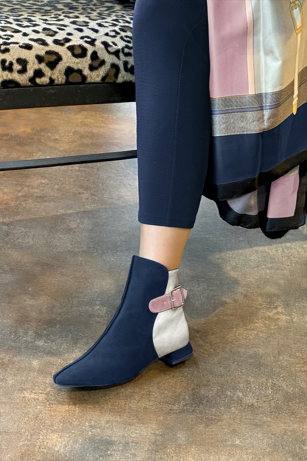 Navy blue, light silver and dusty rose pink women's ankle boots with buckles at the back. Square toe. Flat flare heels. Worn view - Florence KOOIJMAN
